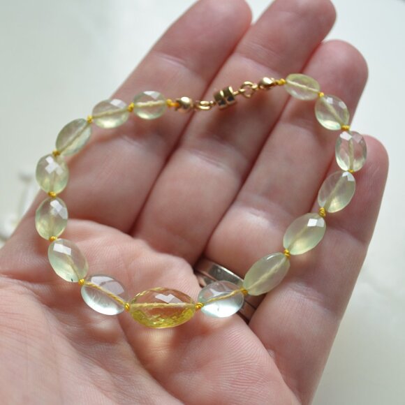Hand Knotted Gemstone Bracelet with Lemon Quartz and Prehnite - Picture 9 of 11